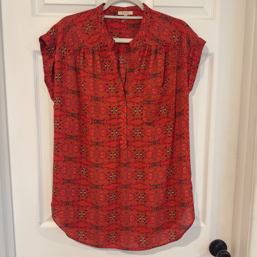 Pleione Womens Red Medallion Paisley V-Neck Cap Sleeve Blouse Top Large 501072RK